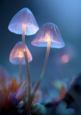 Glowing Mushrooms in a Blue Forest