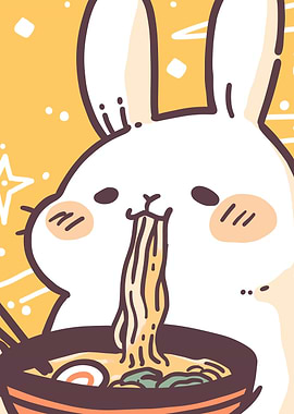Cute Bunny Eating Ramen Illustration