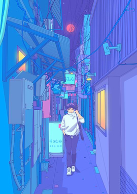 Anime Boy Walking in Alleyway