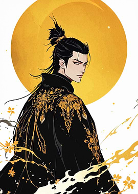 Asian man in black and gold robe