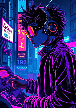 Cyberpunk DJ in Neon Cityscape