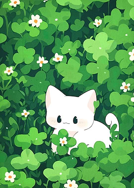 Cute White Cat in Clover Patch