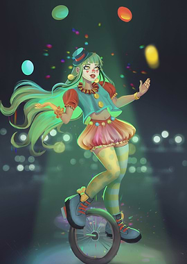 Clown Girl Juggling on Unicycle