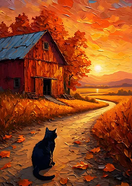 Autumn Barn with Black Cat Painting