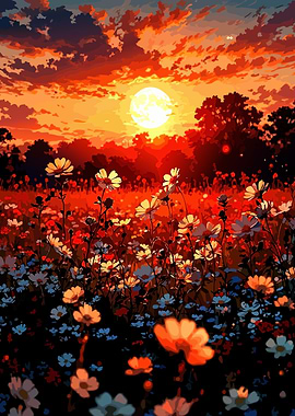 Sunset Flower Field Digital Art