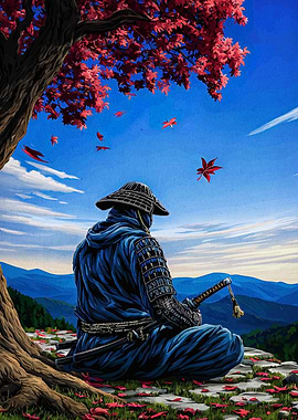 Samurai Meditation Under Autumn Tree