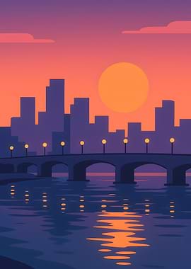 Cityscape at Sunset with Bridge