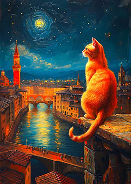 Cat Overlooking Florence at Night
