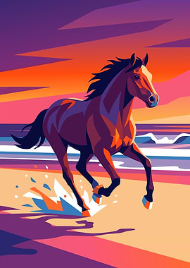 Horse Galloping on Beach at Sunset