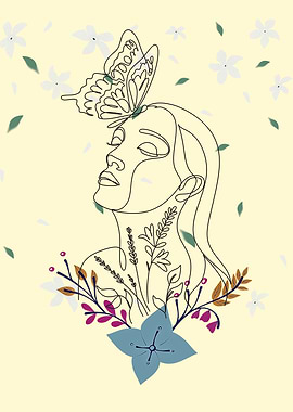 Woman with Butterfly and Floral Design
