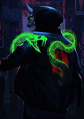 Cyberpunk Oni Mask and Snake Jacket