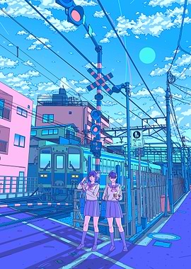 Anime Girls at Train Crossing