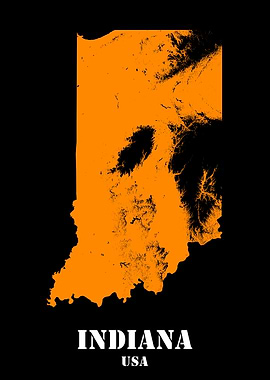 Indiana USA State Minimalist Black Orange Topographic Contour Relief Map featuring terrain in orange color