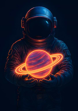 Astronaut Holding Neon Planet
