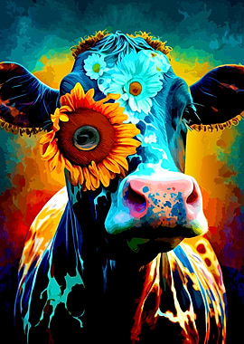 Colorful Cow with Flowers Art