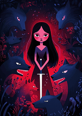 Girl with Sword Surrounded by Wolves