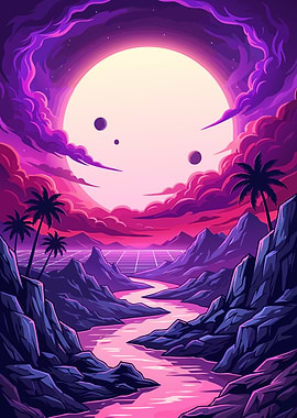 Synthwave Landscape with River and Moon