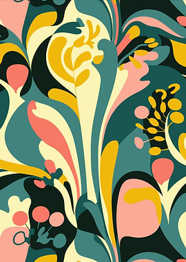 Mid Century Retro Floral Pattern in Teal and Gold