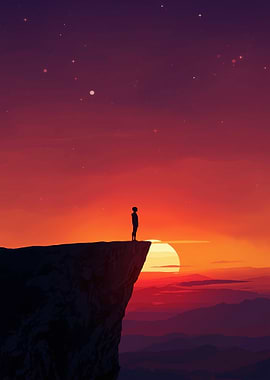 Silhouette on Cliff at Sunset