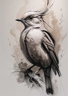 Bird on Branch Ink Sketch