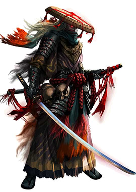 Samurai Warrior with Katana and Skulls