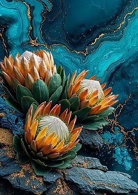Teal Gold Protea Blooms