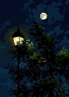 Night Scene with Moon and Lamp