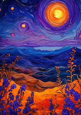 Floral Landscape Under a Starry Night