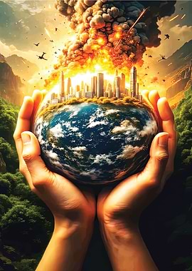 Hands Holding Earth with Cityscape