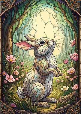 Stained Glass Rabbit in Floral Meadow