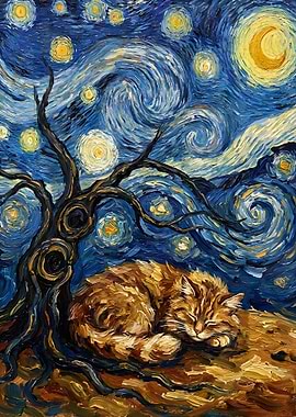 Cat Sleeping Under Starry Night Painting