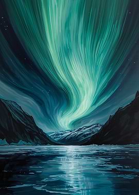 Aurora Borealis over Mountain Lake Painting