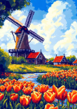 Pixel Art Dutch Landscape with Tulips