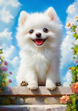 Smiling White Pomeranian Puppy