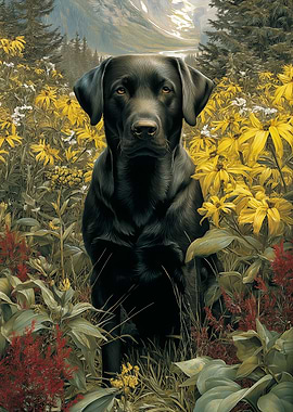 Black Labrador in a Floral Meadow