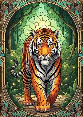 Tiger in Forest Stained Glass Style