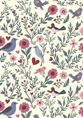 Flowers and birds - St. Valentines Day pattern
