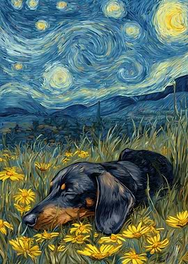 Dachshund in Starry Night Style