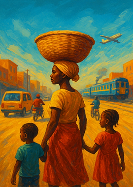 African Woman with Children on Street