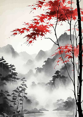 Japanese Landscape Red Maple Leaves