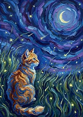 Cat Gazing at Crescent Moon Painting