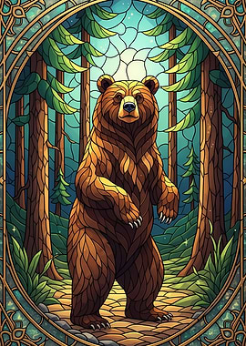 Stained Glass Bear in Forest