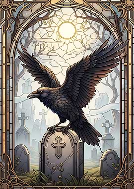 Raven on Tombstone Stained Glass Art