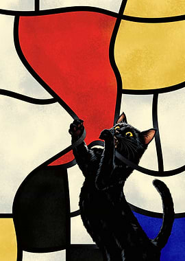 Black cat playing with Mondrian art