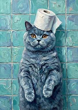 Cat British Shorthair with Toilet Paper