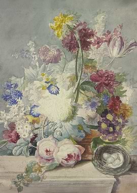 A bouquet of flowers, including a bird's nest with eggs