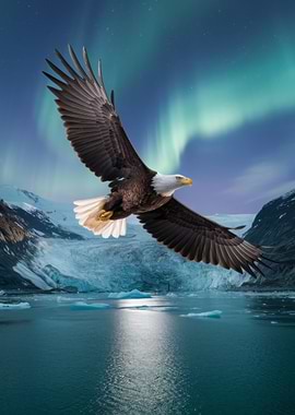 Bald Eagle Soaring Over Glacial Waters