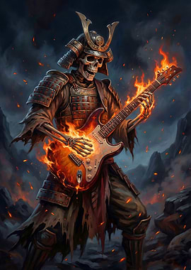 Samurai Skeleton Guitarist in Flames