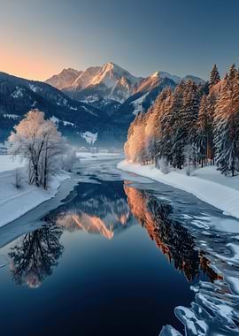 Winter Mountain River Landscape Reflection