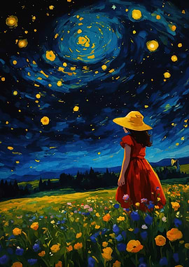 Girl in Field Under Starry Sky